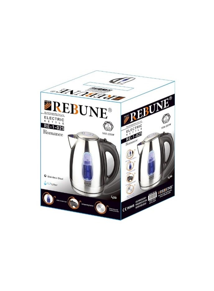REBUNE RE-1-025 Electric Kettle Stainless Steel Fast for Tea and Coffee, 1.7 Litre, 2200W Silver - Image 2