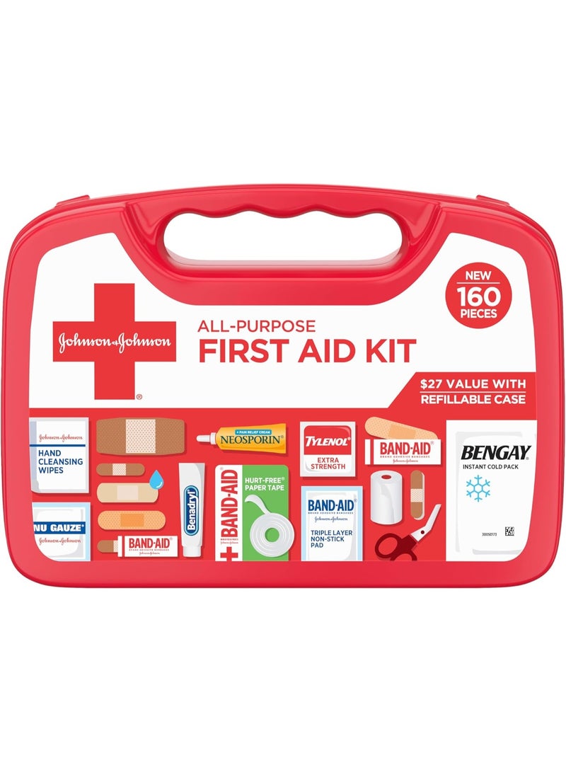 Band-Aid مجموعة الإسعافات الأولية المحمولة متعددة الأغراض من جونسون آند جونسون للقطع والخدوش والالتواءات والحروق، مثالية للمنزل والسيارة والسفر والتخييم والطوارئ الخارجية، 160 قطعة - Image 1