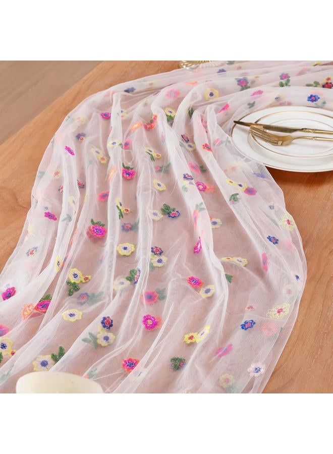 SoarDream Floral Table Runner White Embroidery Daisy Table Runners 10FT 1PC Sheer Tulle Flower Fabric for Home Party Kitchen Dining Table Decorations - Image 5