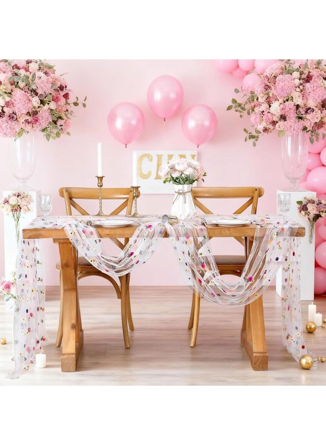SoarDream Floral Table Runner White Embroidery Daisy Table Runners 10FT 1PC Sheer Tulle Flower Fabric for Home Party Kitchen Dining Table Decorations - Image 3