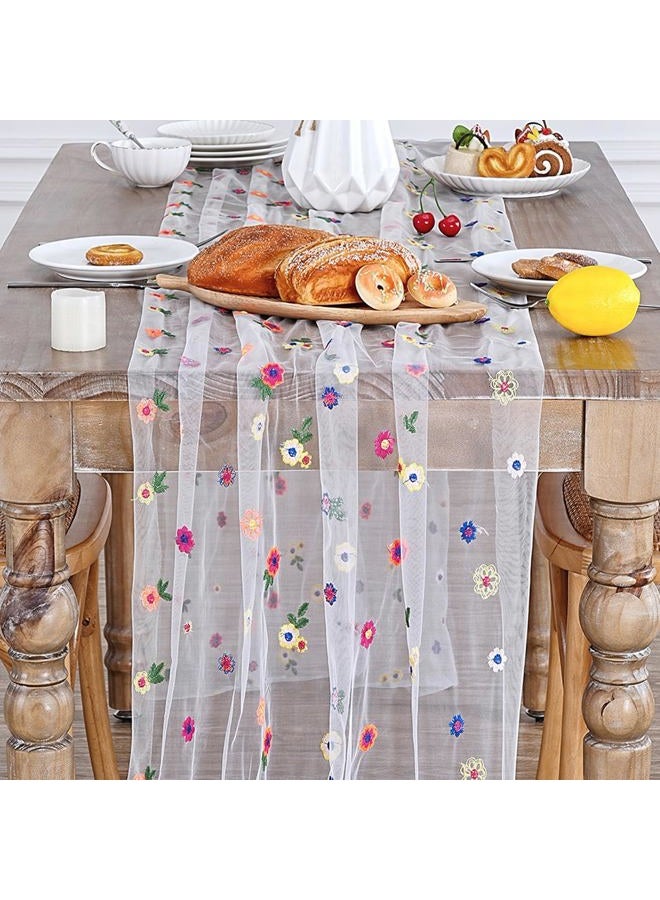 SoarDream Floral Table Runner White Embroidery Daisy Table Runners 10FT 1PC Sheer Tulle Flower Fabric for Home Party Kitchen Dining Table Decorations - Image 1