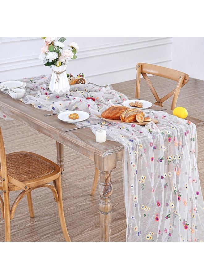 SoarDream Floral Table Runner White Embroidery Daisy Table Runners 10FT 1PC Sheer Tulle Flower Fabric for Home Party Kitchen Dining Table Decorations - Image 2