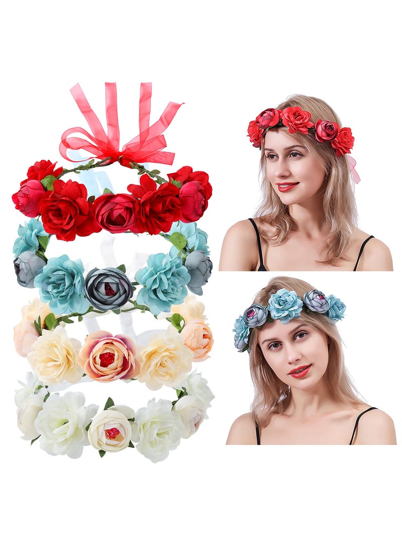 Cinaci Cinaci 4 Pack Handmade Adjustable Floral Rose Flower Wreath Crown Headbands Garland Wedding Party Headpiece for Women Brides Bridemaids Girls Teens 