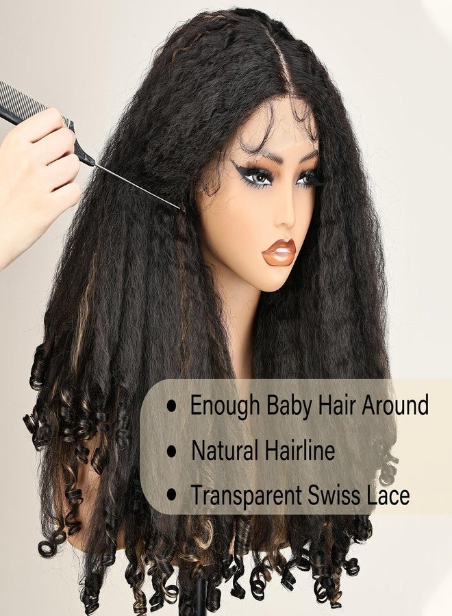 SOKU Afro Curly Lace Front Wig Synthetic Highlights Brown 20 Inch Kinky Straight with Curly Ends Crimp to Curl T Part Transparent Lace Front Wig for Black Women - Image 4