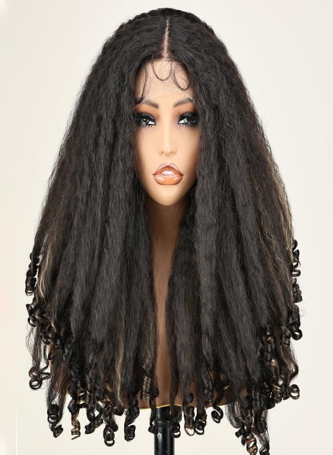 SOKU Afro Curly Lace Front Wig Synthetic Highlights Brown 20 Inch Kinky Straight with Curly Ends Crimp to Curl T Part Transparent Lace Front Wig for Black Women - Image 1