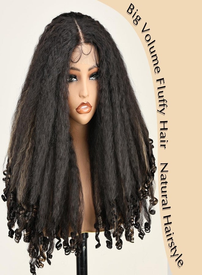 SOKU Afro Curly Lace Front Wig Synthetic Highlights Brown 20 Inch Kinky Straight with Curly Ends Crimp to Curl T Part Transparent Lace Front Wig for Black Women - Image 2