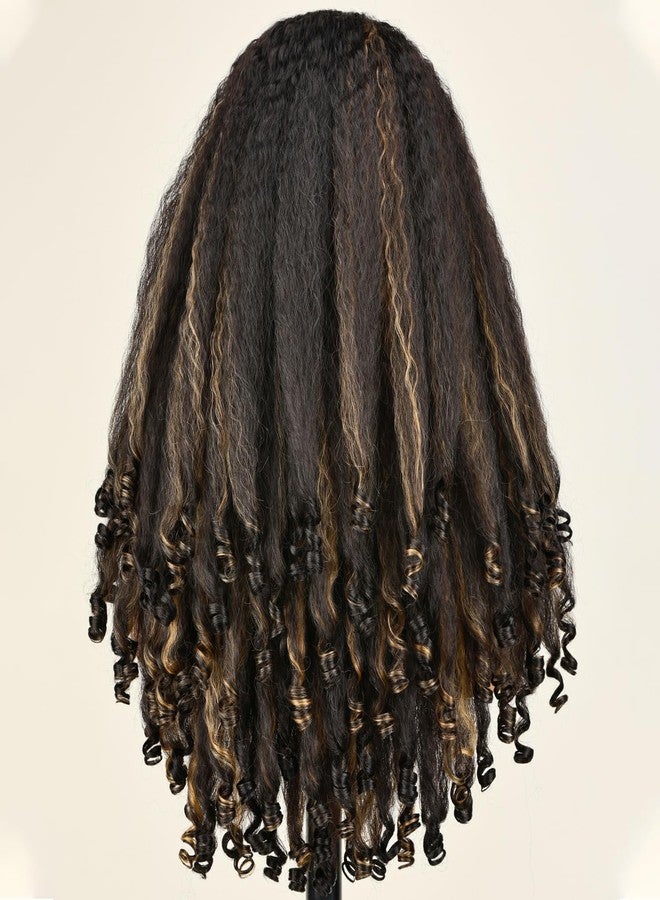 SOKU Afro Curly Lace Front Wig Synthetic Highlights Brown 20 Inch Kinky Straight with Curly Ends Crimp to Curl T Part Transparent Lace Front Wig for Black Women - Image 5