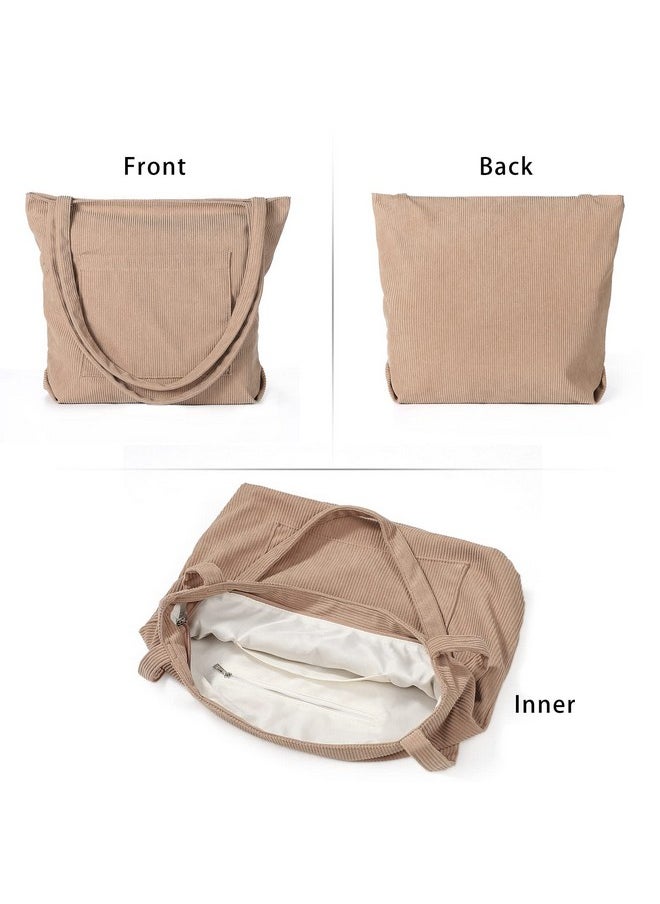 WantGor - Women Corduroy Tote Bag Large Shoulder Hobo Bags Casual Handbags Big Capacity Shopping Work Bag (Khaki) - Image 1