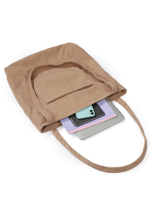 WantGor - Women Corduroy Tote Bag Large Shoulder Hobo Bags Casual Handbags Big Capacity Shopping Work Bag (Khaki) - Image 1