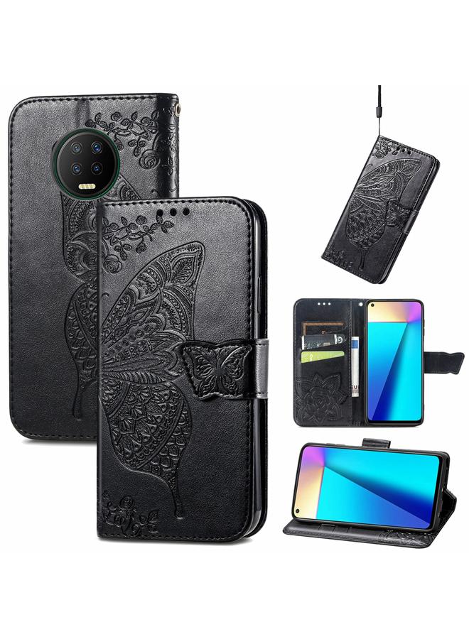 اس-توب جراب جلدي أفقي قابل للطي منقوش عليه زهور حب الفراشات مع حامل وفتحات للبطاقات ومحفظة وحبل لهاتف Infinix Note 7 - Image 1
