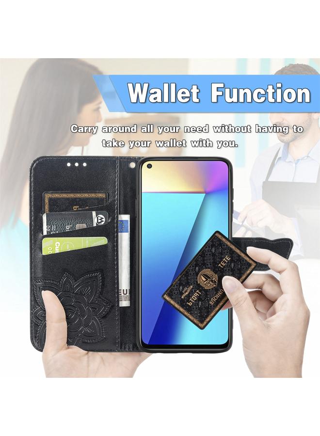 اس-توب جراب جلدي أفقي قابل للطي منقوش عليه زهور حب الفراشات مع حامل وفتحات للبطاقات ومحفظة وحبل لهاتف Infinix Note 7 - Image 3