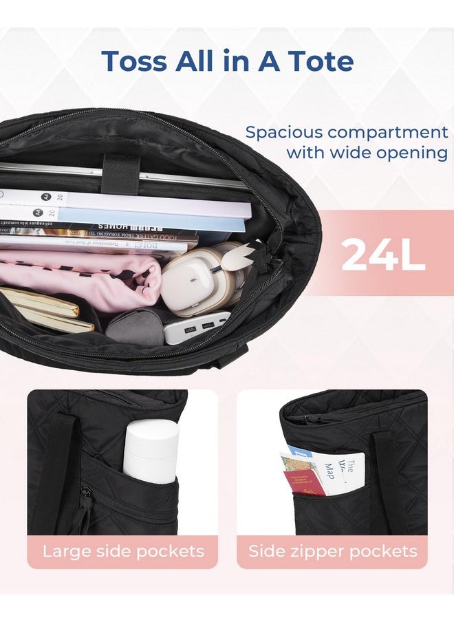 BAGSMART BAGSMART Tote Bag for Women, Puffer Carry On Tote with Zipper, Travel Essentials Quilted Nurse Travel Bag, Black  - Image 2