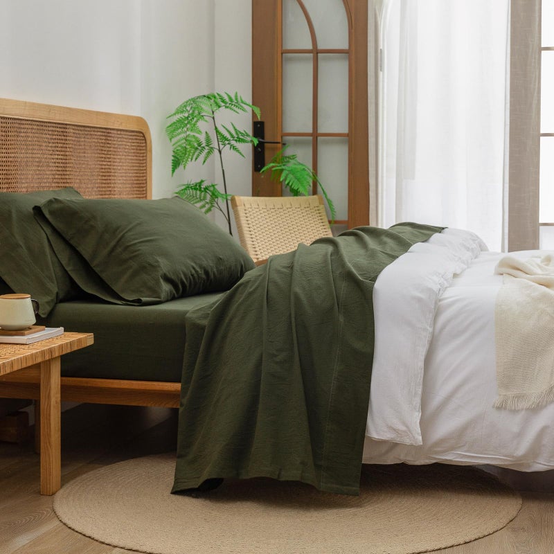 BESTOUCH Sheet Set 100 Washed Cotton Linen Feel Super Soft Comfortable Chic Lightweight 4 Pcs Home Bedding Set Solid Olive Green Queen