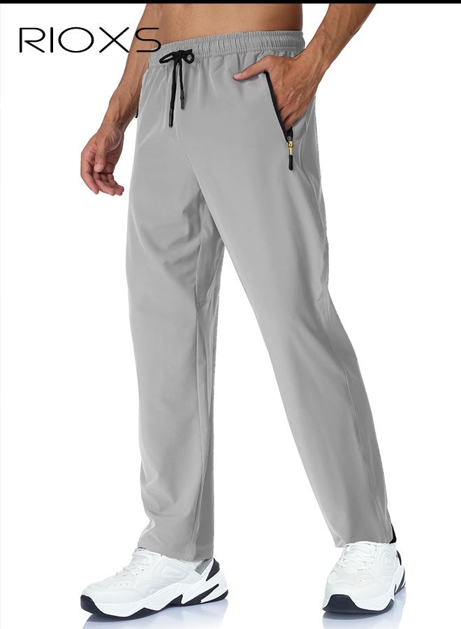 ريوكس بنطال جري رمادي سريع الجفاف للرجال، بنطال رياضي بخصر متوسط مع جيوب بسحاب وخصر برباط، بنطال جري قابل للتنفس للصالة الرياضية والمشي لمسافات طويلة والرياضات الخارجية، بنطال جري بخصر برباط، بنطال تمرين قابل للتمدد - Image 1