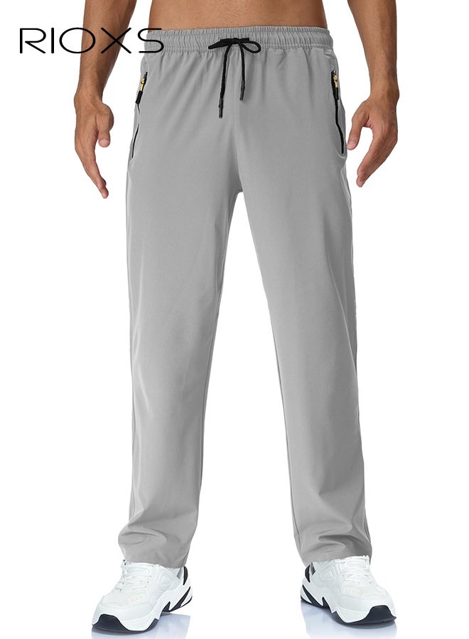 ريوكس بنطال جري رمادي سريع الجفاف للرجال، بنطال رياضي بخصر متوسط مع جيوب بسحاب وخصر برباط، بنطال جري قابل للتنفس للصالة الرياضية والمشي لمسافات طويلة والرياضات الخارجية، بنطال جري بخصر برباط، بنطال تمرين قابل للتمدد - Image 3