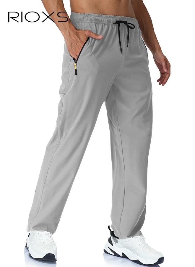ريوكس بنطال جري رمادي سريع الجفاف للرجال، بنطال رياضي بخصر متوسط مع جيوب بسحاب وخصر برباط، بنطال جري قابل للتنفس للصالة الرياضية والمشي لمسافات طويلة والرياضات الخارجية، بنطال جري بخصر برباط، بنطال تمرين قابل للتمدد - Image 2