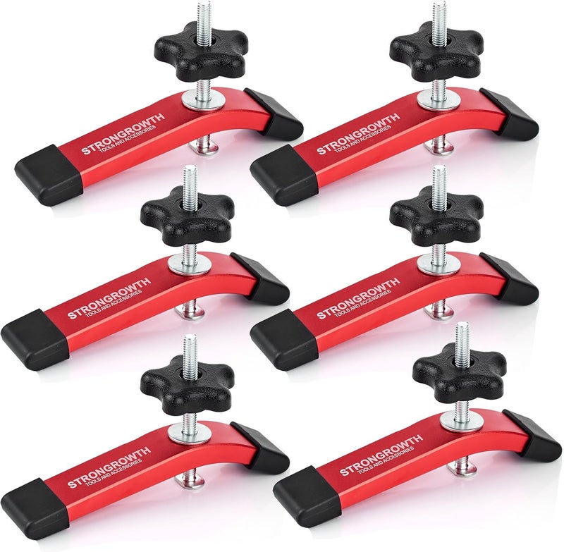 STRONGROWTH T track Hold Down Clamps - Double Cut Profile Universal T-Track Clamps, 6-3/8"L x 1-1/4"W - Woodworking and t slot clamp - Fine Sandblast Anodized - Red Color-6PK - Image 1