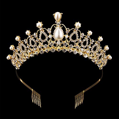 Sppry Women Tiara with Comb - Pearl Crystal Crown for Bridal Queen Princess Girls at Wedding Birthday Pageant (Gold) - Image 3