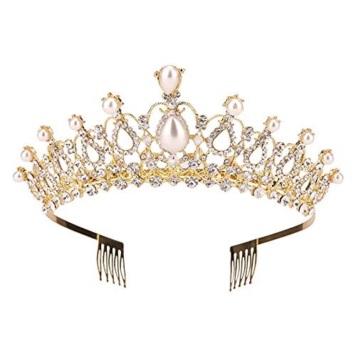 Sppry Women Tiara with Comb - Pearl Crystal Crown for Bridal Queen Princess Girls at Wedding Birthday Pageant (Gold) - Image 1