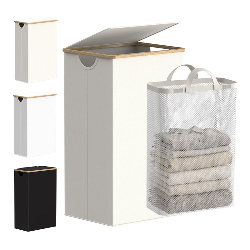 efluky Laundry Basket with Lid and Removable Bag, 100L Tall Laundry Hamper with Bamboo Handles, Aesthetic Dirty Clothes Bin for Laundry Room, Bathroom, Bedroom and Dorm, Beige - Image 1