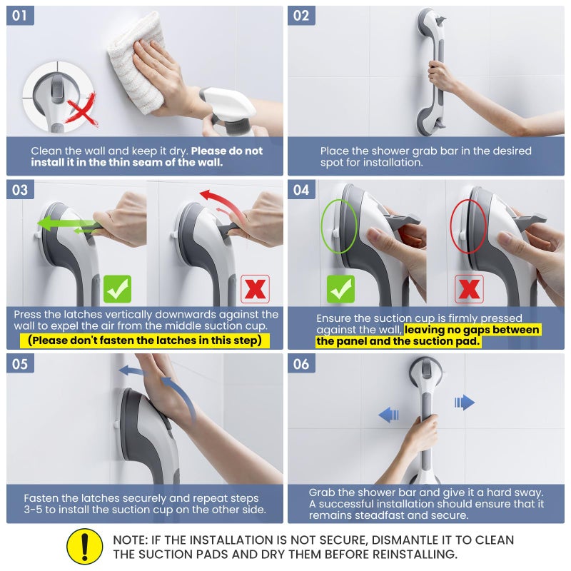 TAILINK Grab Bars for Bathtubs and Showers 2 Pack Shower Handle, Heavy Duty Suction Grab Bar Bath Handrails for Seniors and Elderly, Bathroom Safety Grip No Drilling Waterproof Removable, Grey - Image 3