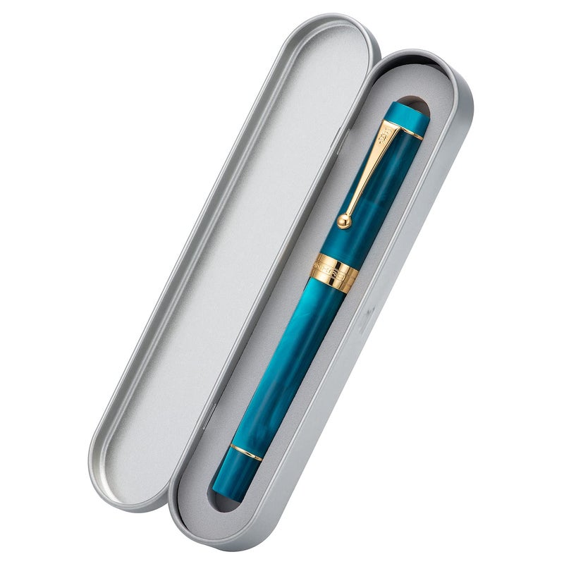 Lanxivi Jinhao 100 Fountain Pen Classic Style Peacock Blue Acrylic, Fine Point with Converter and Gold Trim Pen Case Set - Image 2
