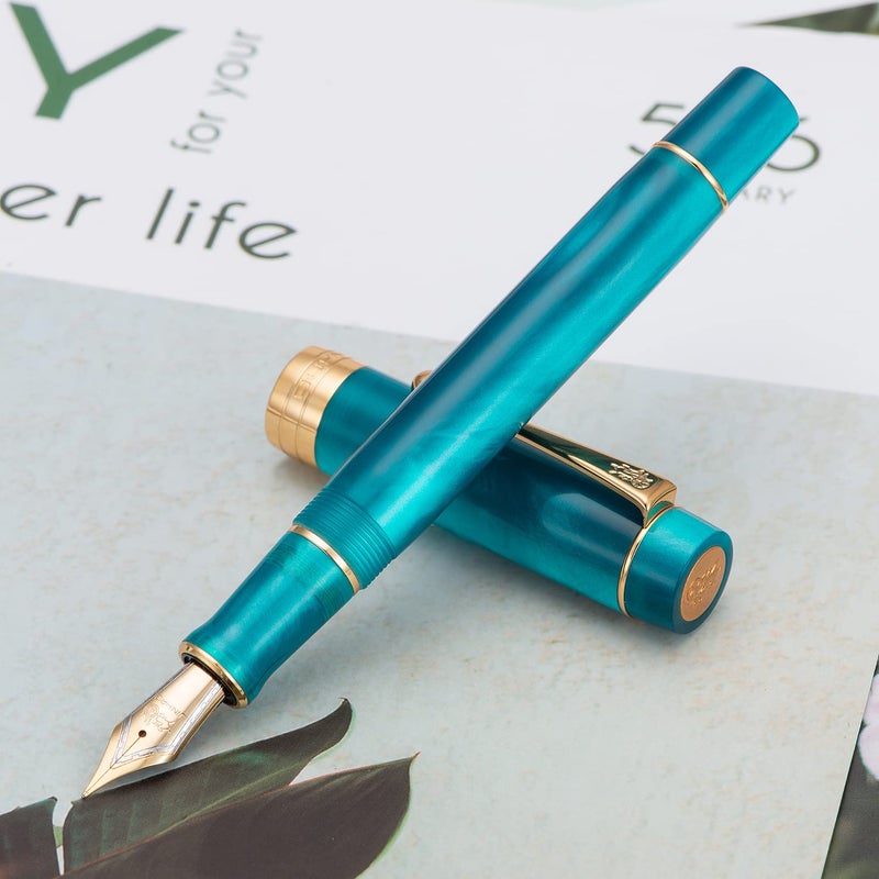 Lanxivi Jinhao 100 Fountain Pen Classic Style Peacock Blue Acrylic, Fine Point with Converter and Gold Trim Pen Case Set - Image 5