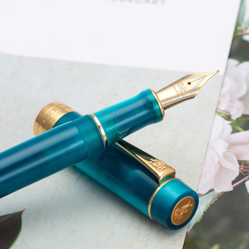Lanxivi Jinhao 100 Fountain Pen Classic Style Peacock Blue Acrylic, Fine Point with Converter and Gold Trim Pen Case Set - Image 4