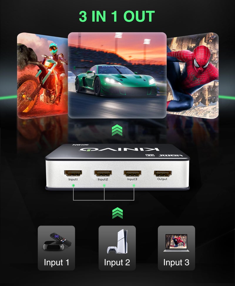 Kinivo HDMI Switch 4K HDR 301BN (3 in 1 Out, 4K 30Hz HDR, HDMI 2.0, High Speed 18Gbps, IR Remote, HDCP) - Compatible with Roku, PS5, Xbox, Apple TV, Nintendo Switch, Cable Box - Image 3