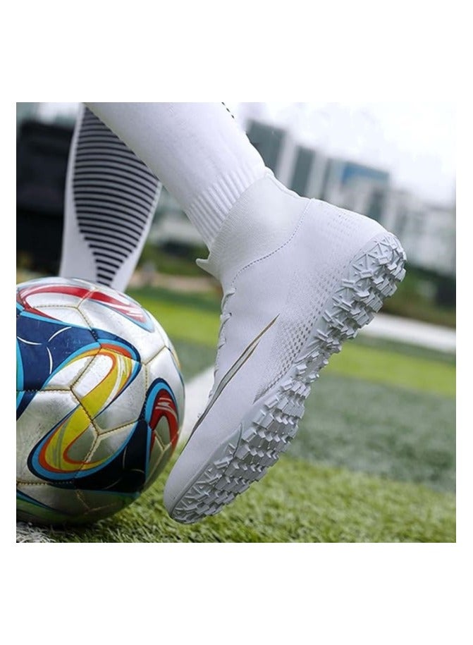 Football Shoes for Adult,Soccer Shoes for Adult, Grass Ground Football Cleats for Adult,Professional High-Top Breathable Athletic Football Shoes (White)