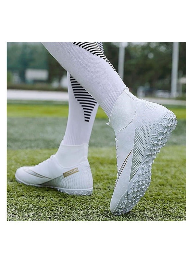 Football Shoes for Adult,Soccer Shoes for Adult, Grass Ground Football Cleats for Adult,Professional High-Top Breathable Athletic Football Shoes (White)