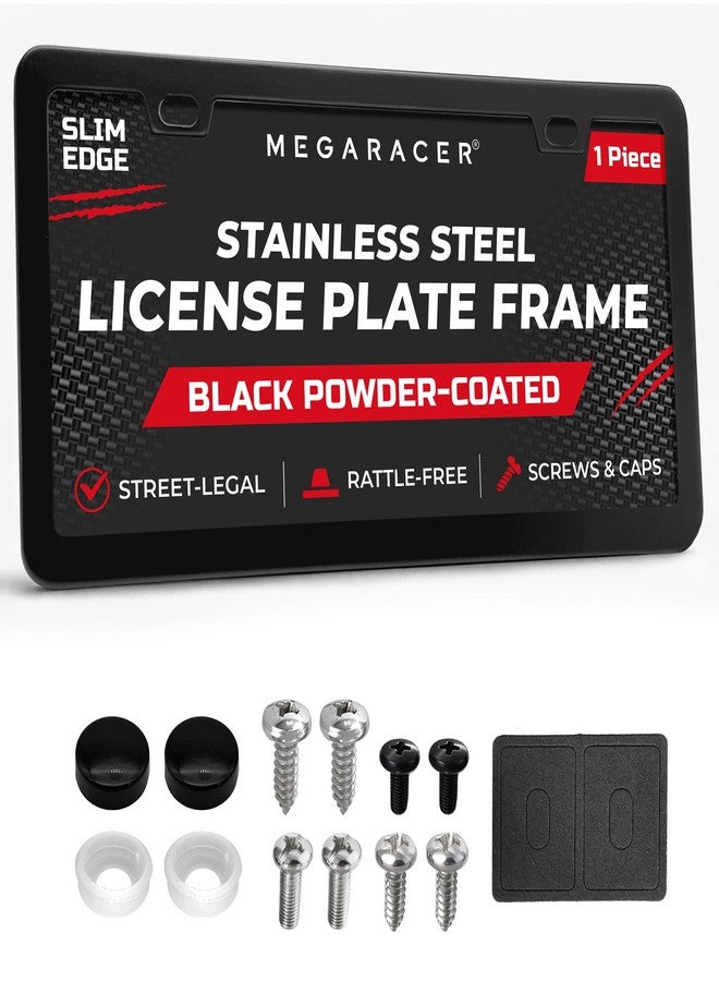 Mega Racer® Thin Matte Black License Plate Frame Metal | Compatible with BMW Tesla Mercedes Porsche Audi Lexus | Car Licence Plate Holder | Porta Placas para Auto All Car Tag Frame Screw Cap | 1 Pack - Image 1