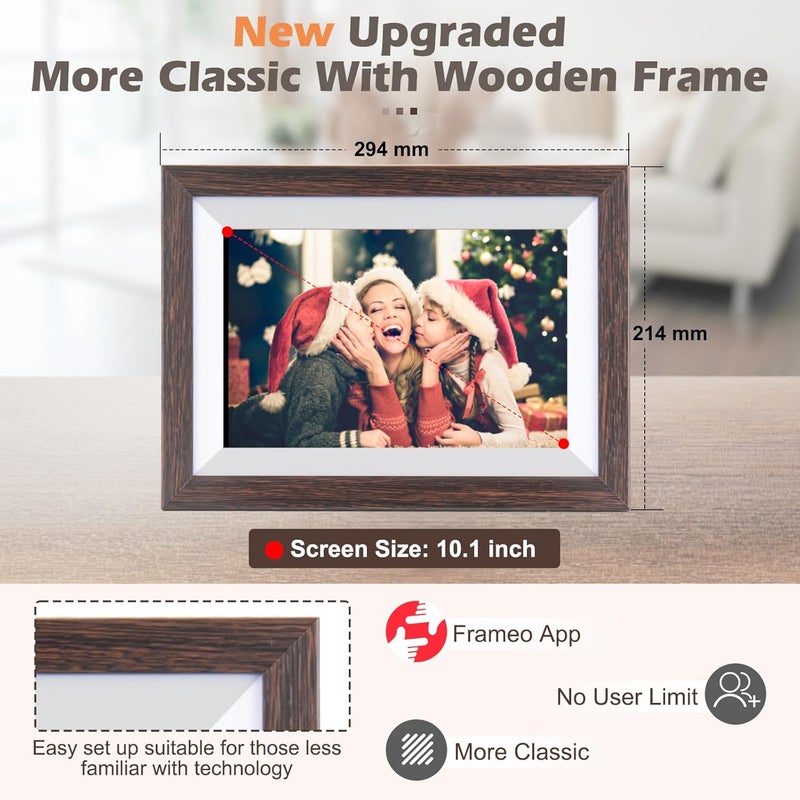 Ciowain FRAMEO Digital Picture Frame WiFi 10.1inch Digital Photo Frame,Electronic Photo Frame Load from Phone,1280x800 IPS Touch Screen HD Display,Auto-Rotate,Share Photos/Video-Great Gift(Brown Wood) - Image 4