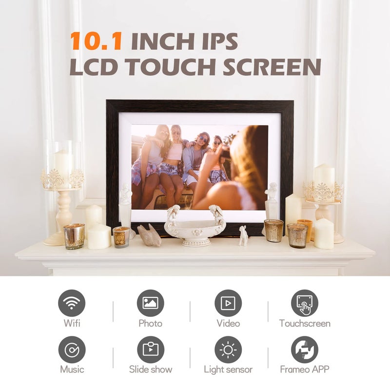 Ciowain FRAMEO Digital Picture Frame WiFi 10.1inch Digital Photo Frame,Electronic Photo Frame Load from Phone,1280x800 IPS Touch Screen HD Display,Auto-Rotate,Share Photos/Video-Great Gift(Brown Wood) - Image 2