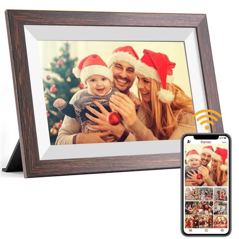Ciowain FRAMEO Digital Picture Frame WiFi 10.1inch Digital Photo Frame,Electronic Photo Frame Load from Phone,1280x800 IPS Touch Screen HD Display,Auto-Rotate,Share Photos/Video-Great Gift(Brown Wood) - Image 1