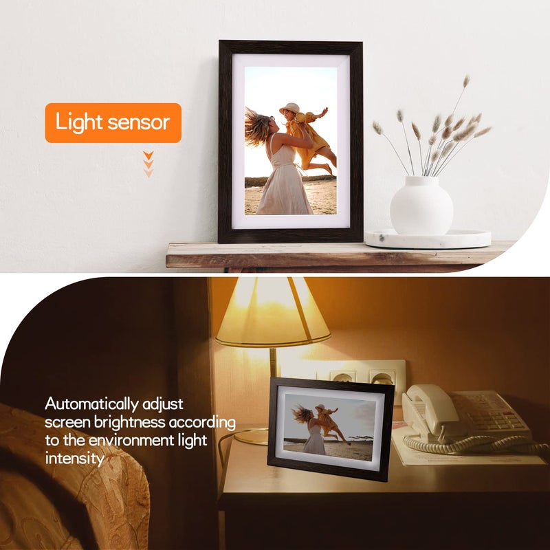 Ciowain FRAMEO Digital Picture Frame WiFi 10.1inch Digital Photo Frame,Electronic Photo Frame Load from Phone,1280x800 IPS Touch Screen HD Display,Auto-Rotate,Share Photos/Video-Great Gift(Brown Wood) - Image 5