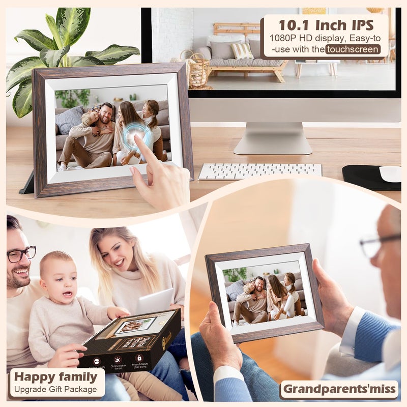 Ciowain FRAMEO Digital Picture Frame WiFi 10.1inch Digital Photo Frame,Electronic Photo Frame Load from Phone,1280x800 IPS Touch Screen HD Display,Auto-Rotate,Share Photos/Video-Great Gift(Brown Wood) - Image 3