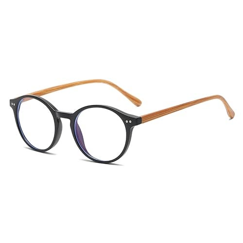 Gleyemor Blue Light Glasses for Men Women, Vintage Round Bluelight Blocking Computer Screen Protection Glasses (Matte Black Frame & Wood-grain Leg) - Image 1