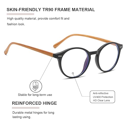Gleyemor Blue Light Glasses for Men Women, Vintage Round Bluelight Blocking Computer Screen Protection Glasses (Matte Black Frame & Wood-grain Leg) - Image 3