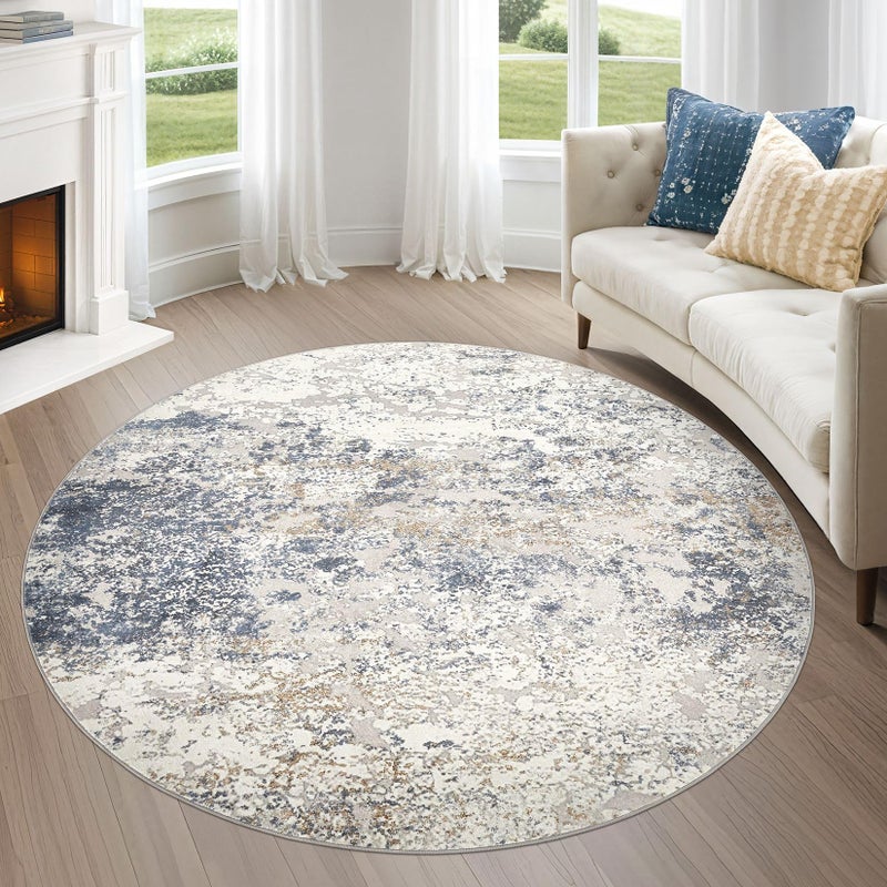 DMOYEST 6ft Round Area Rug Living Room Rugs - 6x6 Washable Large Soft Indoor Modern Abstract Low Pile Rug Carpet for Bedroom Dining Room Farmhouse Home Office - Beige Blue - Image 1