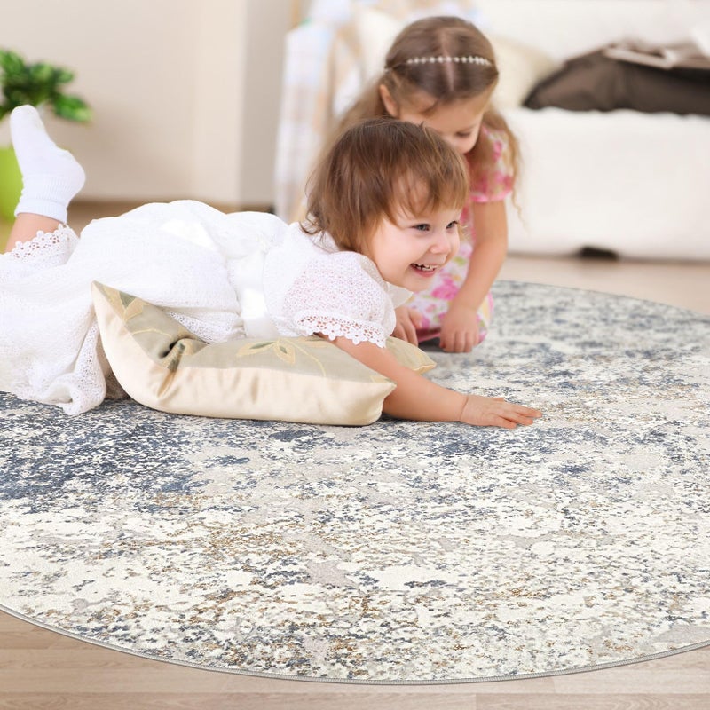 DMOYEST 6ft Round Area Rug Living Room Rugs - 6x6 Washable Large Soft Indoor Modern Abstract Low Pile Rug Carpet for Bedroom Dining Room Farmhouse Home Office - Beige Blue - Image 5