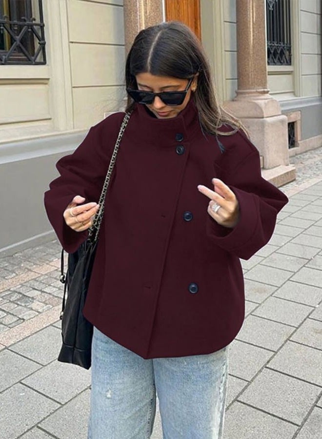 CHARTOU Women Crop Pea Coat Wool Blend Winter Loose Casual Short Jacket Outwear, Wine, M - Image 3