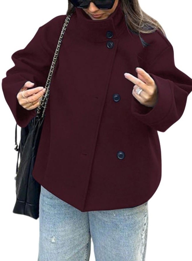 CHARTOU Women Crop Pea Coat Wool Blend Winter Loose Casual Short Jacket Outwear, Wine, M - Image 1