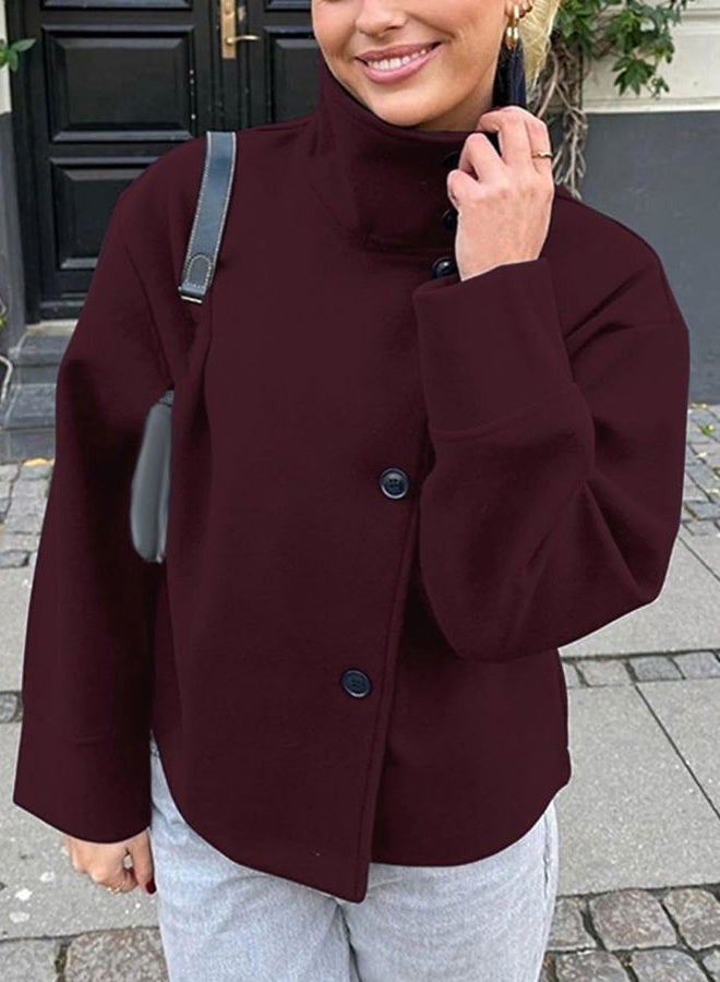 CHARTOU Women Crop Pea Coat Wool Blend Winter Loose Casual Short Jacket Outwear, Wine, M - Image 2