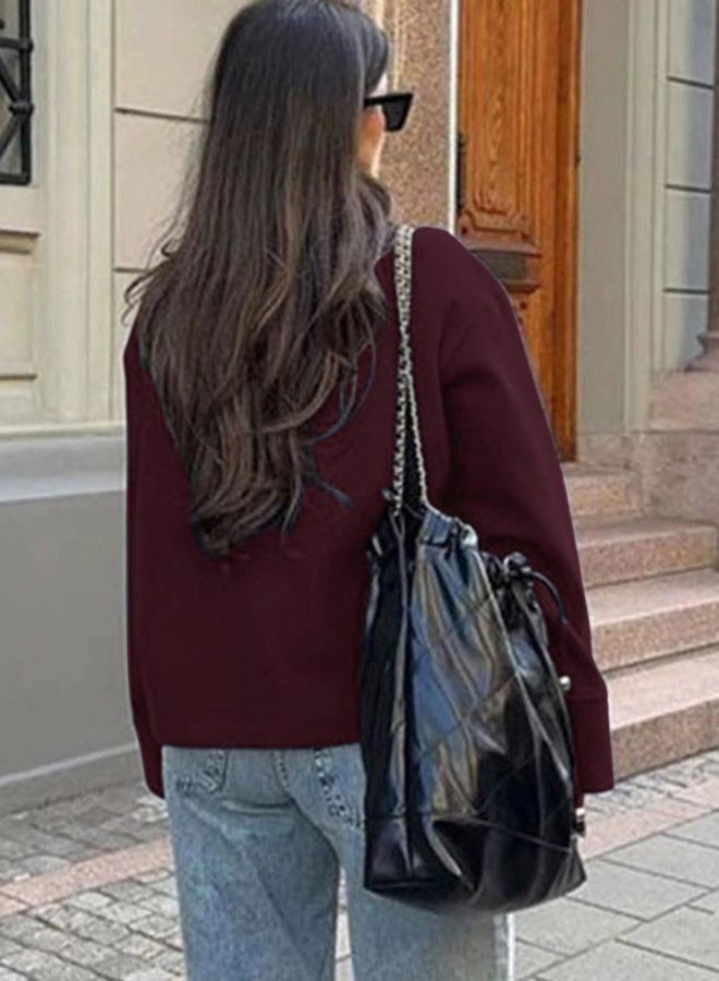 CHARTOU Women Crop Pea Coat Wool Blend Winter Loose Casual Short Jacket Outwear, Wine, M - Image 4