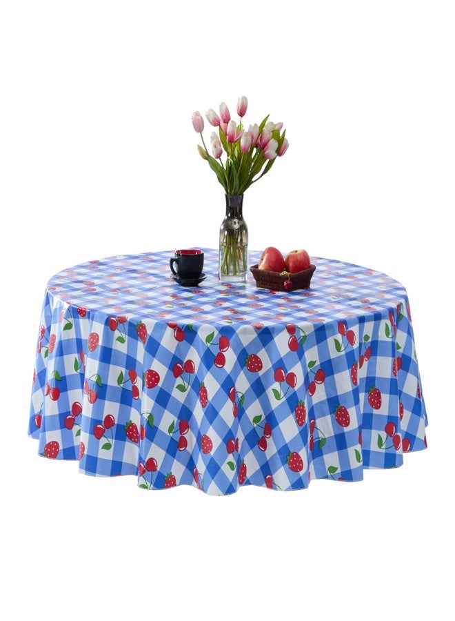 Newbridge Berry Sweet Cobalt Vinyl Tablecloth with Flannel Backing, 70 Inch Round, Blue Gingham Strawberry & Cherry Print, Easy Care Wipe Clean Indoor Outdoor Table Cover - Image 1