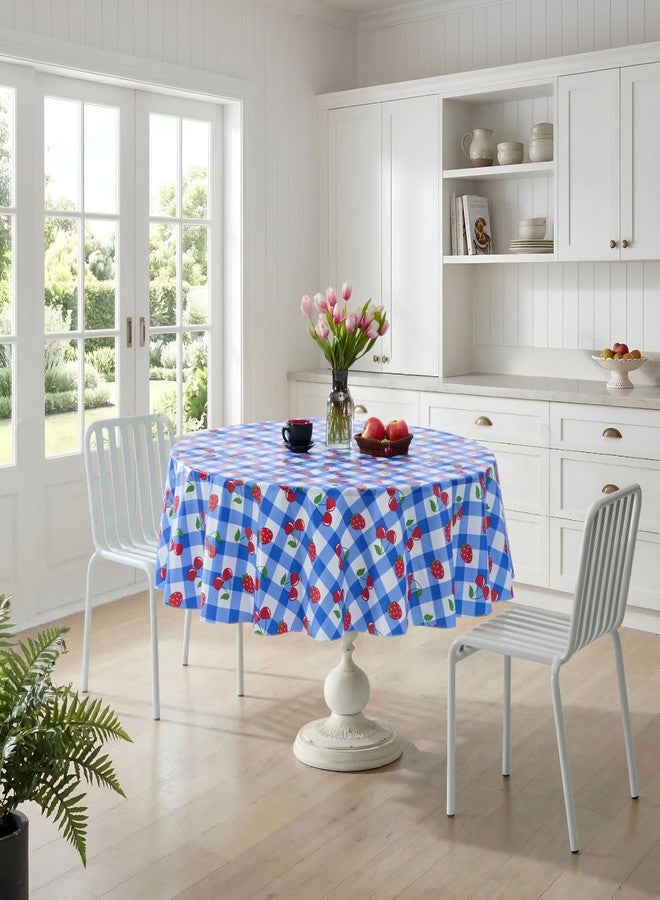 Newbridge Berry Sweet Cobalt Vinyl Tablecloth with Flannel Backing, 70 Inch Round, Blue Gingham Strawberry & Cherry Print, Easy Care Wipe Clean Indoor Outdoor Table Cover - Image 5