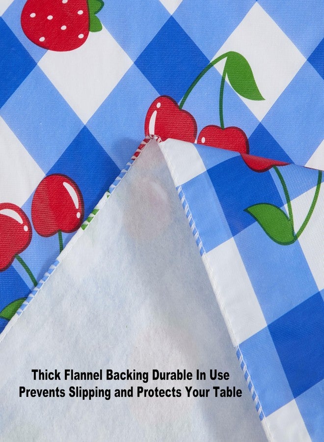 Newbridge Berry Sweet Cobalt Vinyl Tablecloth with Flannel Backing, 70 Inch Round, Blue Gingham Strawberry & Cherry Print, Easy Care Wipe Clean Indoor Outdoor Table Cover - Image 4