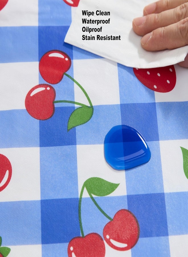 Newbridge Berry Sweet Cobalt Vinyl Tablecloth with Flannel Backing, 70 Inch Round, Blue Gingham Strawberry & Cherry Print, Easy Care Wipe Clean Indoor Outdoor Table Cover - Image 3
