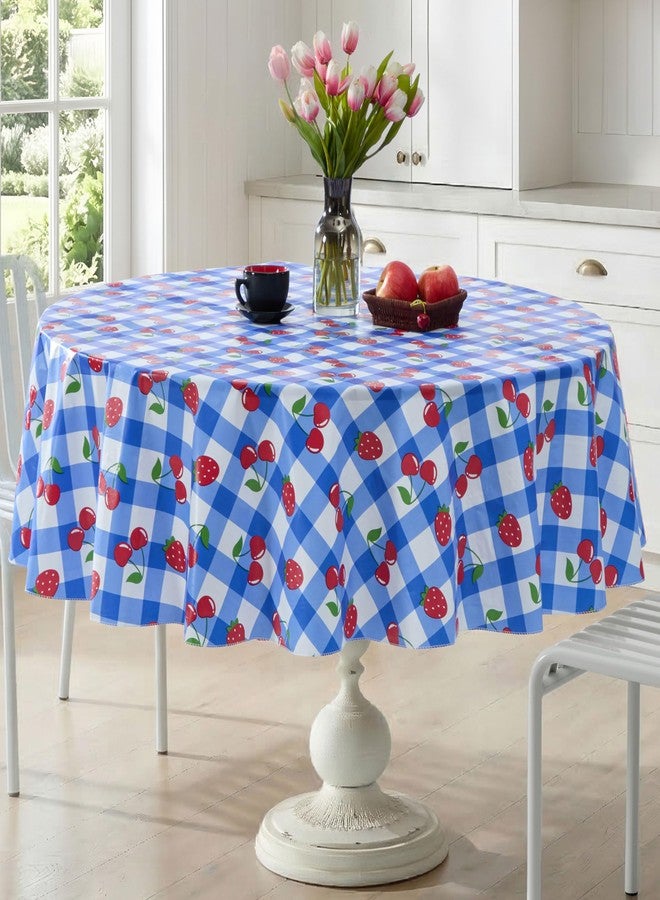 Newbridge Berry Sweet Cobalt Vinyl Tablecloth with Flannel Backing, 70 Inch Round, Blue Gingham Strawberry & Cherry Print, Easy Care Wipe Clean Indoor Outdoor Table Cover - Image 2